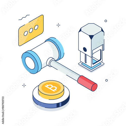 Modern isometric illustration showing bitcoin auction concept