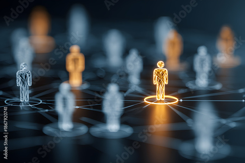 Network connections show people linked together with one highlighted figure in orange