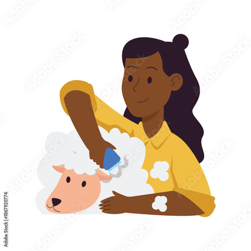 African American Woman Washing Fluffy Sheep with Soap Suds.