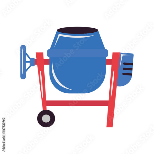 Blue Concrete Mixer Machine with Red Frame and Wheels.