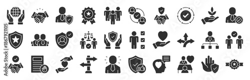 Trust Management glyph style icon set collection. friend, trusted, truth, Featuring responsibility, reliable, unity, trust, consistency, loyalty, belief and more. Illustration eps 10