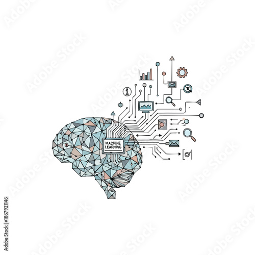 Illustration of a brain with circuit board and icons emerging from it on a white background with a technological mood.