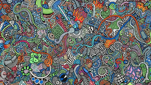 Intricate and colorful abstract doodle art with a dense array of interconnected shapes, lines, and patterns creating a vibrant, complex visual tapestry.