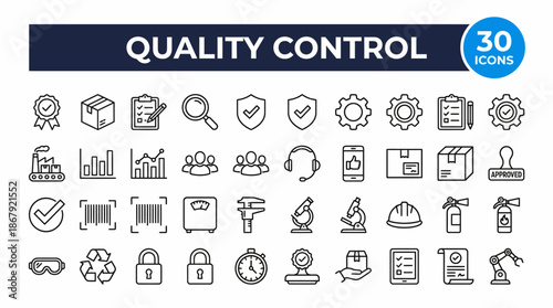 Quality control icons set: a comprehensive collection of QA and inspection symbols for manufacturing, testing, and process optimization