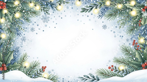Festive Christmas border with snowflakes and lights on pine branches