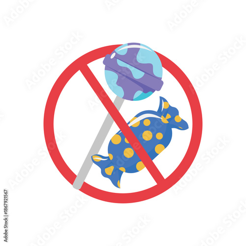 Cartoon Prohibition Sign Over Lollipop and Wrapped Candy.
