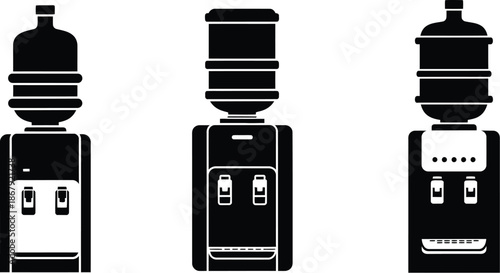 Three water cooler variations in black silhouette on transparent background