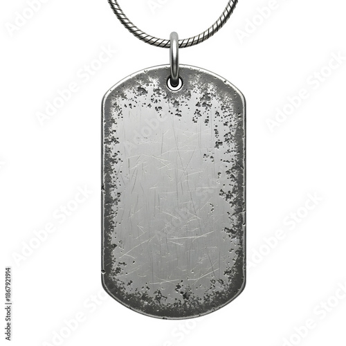 Wallpaper Mural High-detail worn metal dog tag on chain. Realistic vintage military accessory with scratched, aged texture. Isolated on white or transparent background. PNG format. Torontodigital.ca