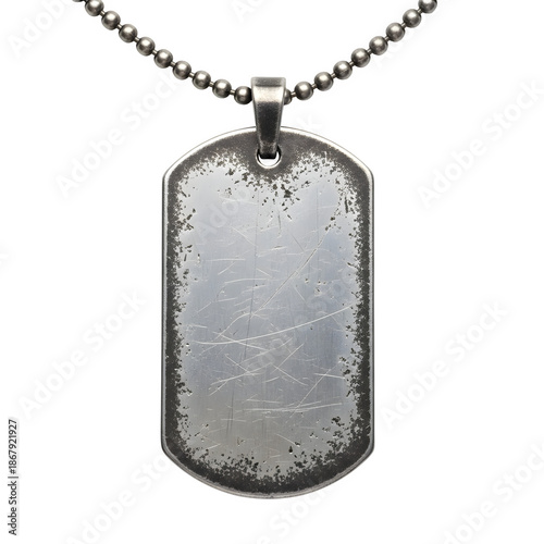 Wallpaper Mural High-detail worn metal dog tag on chain. Realistic vintage military accessory with scratched, aged texture. Isolated on white or transparent background. PNG format. Torontodigital.ca