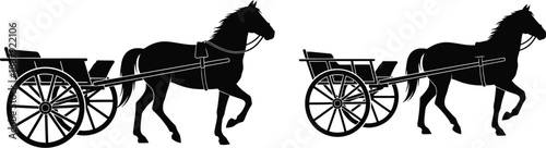 Two horse drawn carriages in black silhouette on transparent background