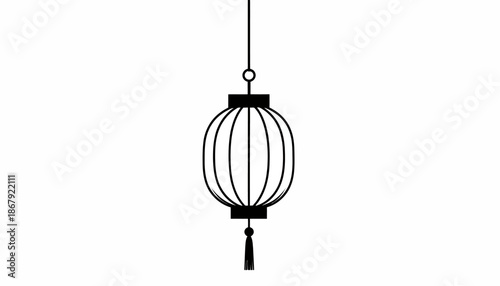 A Simple Line Drawing of a Chinese Lantern with Tassel Hanging on a String Against a White Background