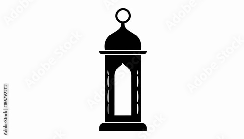 A minimalist black and white silhouette of a classic, ornate lantern, symbolizing illumination and tradition, set against a clean white background for versatile design applications