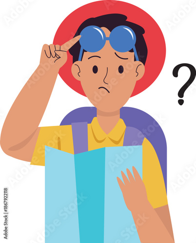 Confused Young Man Holding Map with Puzzled Expression.