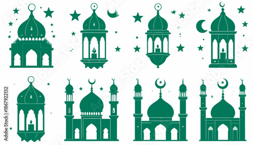 Collection of Islamic religious symbols including mosques and lanterns representing Ramadan and Eid celebrations