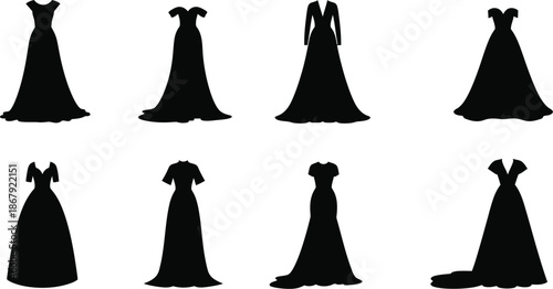 Elegant black dress silhouettes collection on transparent background
