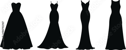 Four elegant black dress silhouettes on transparent background
