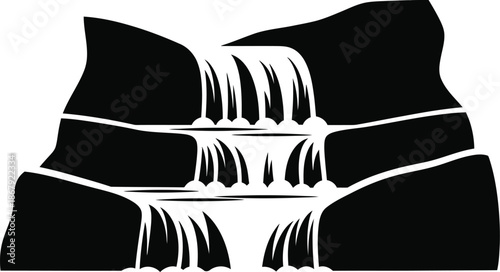 Dramatic waterfall landscape in black silhouette on transparent background