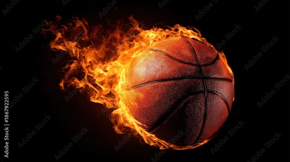 Fototapeta premium A fiery basketball in motion, with flames swirling around it, creating a dynamic and energetic visual effect.