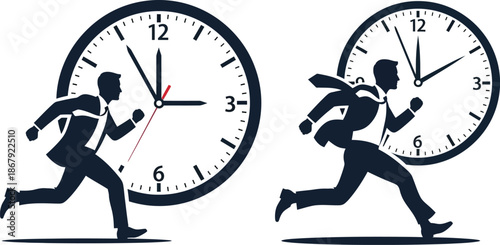 Two clocks with running businessmen silhouettes on transparent background