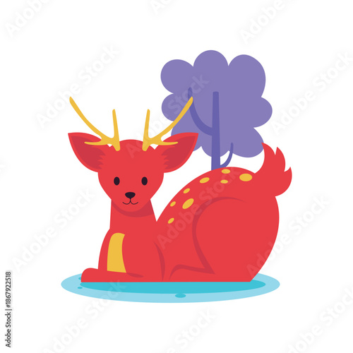 Cute Cartoon Red Deer with Yellow Antlers Sitting Playfully.