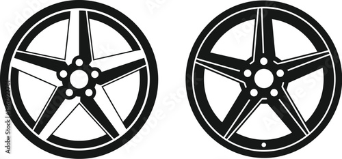 Collection of automotive wheel rims in black silhouette on transparent background