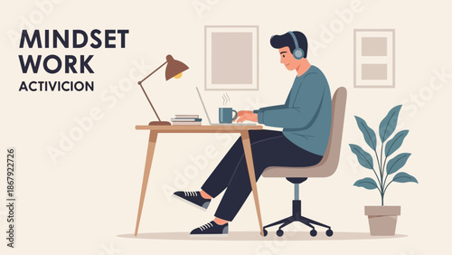 Man with headphones working on laptop at desk, modern home office, focus and productivity