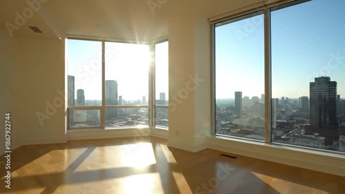 Empty high rise living room with large windows city view bright morning light modern interior