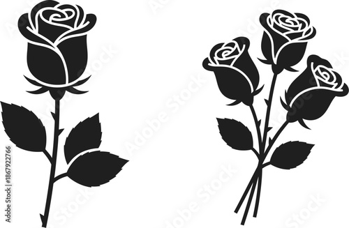 Elegant black rose silhouettes in varying bloom stages on transparent background