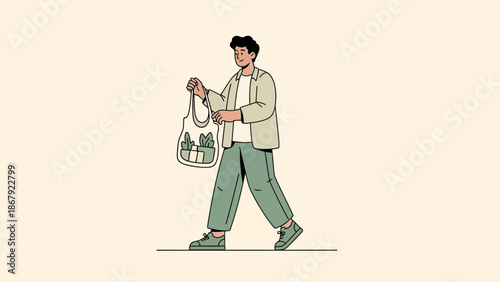 Man with reusable shopping bag filled with plants, walking, eco-friendly lifestyle illustration.