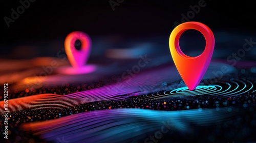 A vibrant digital illustration featuring colorful location pins overlaid on a wavy, illuminated background, symbolizing navigation and mapping technology.