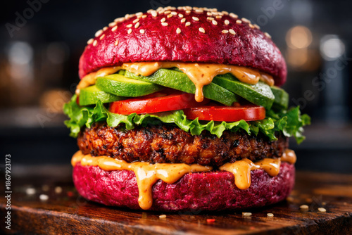 Juicy vegan burger with vibrant pink bun, avocado, tomato, lettuce, and creamy sauce on wooden board