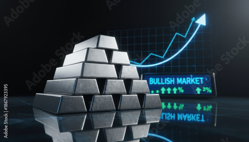 Silver bars stacked in pyramid shape with bullish market graph in background, indicating financial growth