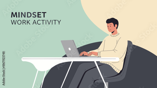 Man working on laptop at desk, modern minimalist illustration, productivity and focus