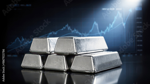 Silver bars stacked in front of financial graph, symbolizing investment and market trends. scene conveys sense of wealth and economic analysis