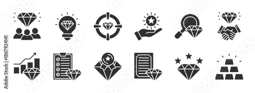 Value glyph style icon set. Diamond, quality, success, achievement, gem, ideal, and more. Vector collection eps 10