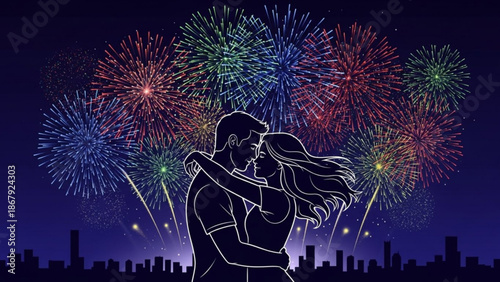 Romantic couple kissing under colorful fireworks display at night with city skyline and love and celebration and romance and couples and valentines day