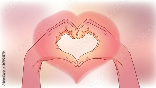 Hands forming a heart shape with fingers on a soft pink background with love and valentine and affection and tenderness and care and compassion