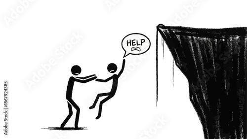 Person reaching out to help another person hanging off a cliff.