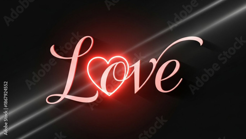 Glowing neon love text with heart symbol on black background with diagonal light beams with romance and valentine and passion and desire and emotion
