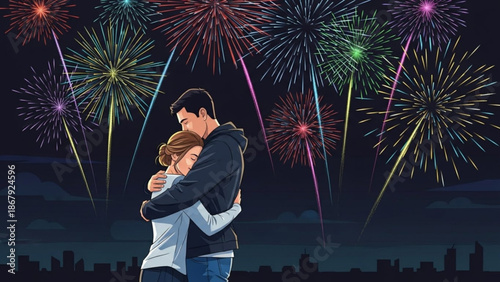 Loving couple embracing under vibrant colorful fireworks display at night with romantic couple and night sky and loving embrace and city skyline