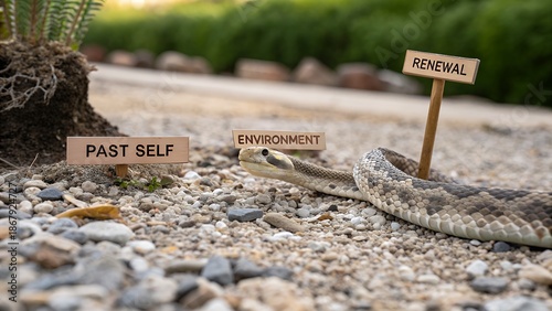 Snake shed skin resting on gravel with signs about self and environment