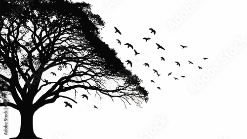 Silhouette of a large tree with birds flying away from its branches.