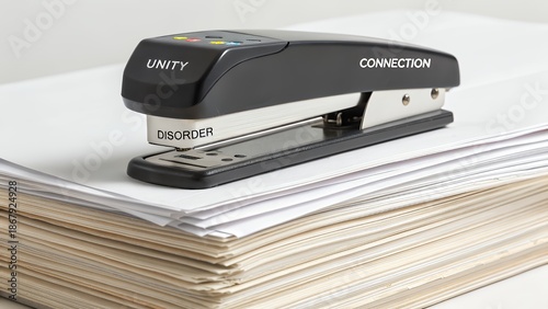 Stapler connecting unity and disorder on a stack of papers