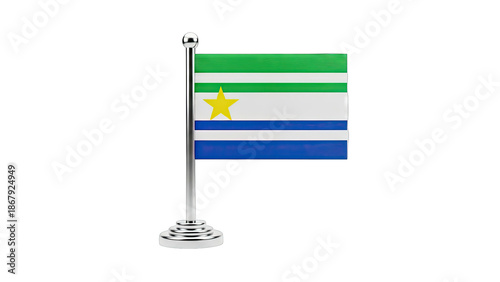 Small desk flag with green, white, and blue stripes and a yellow star