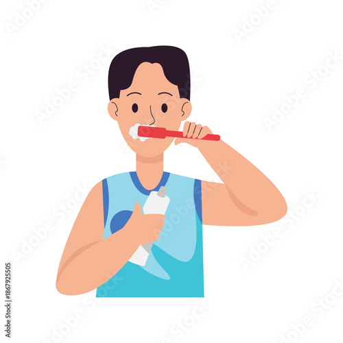 Young man brushing teeth with red handled toothbrush.