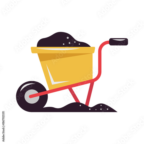 Yellow Wheelbarrow Loaded with Black Soil.