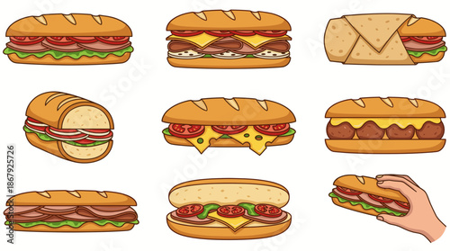 Set of delicious vector sub sandwich illustrations showing fresh baguette with meat, cheese and vegetables, wrapped takeout meal and hand holding snack.
