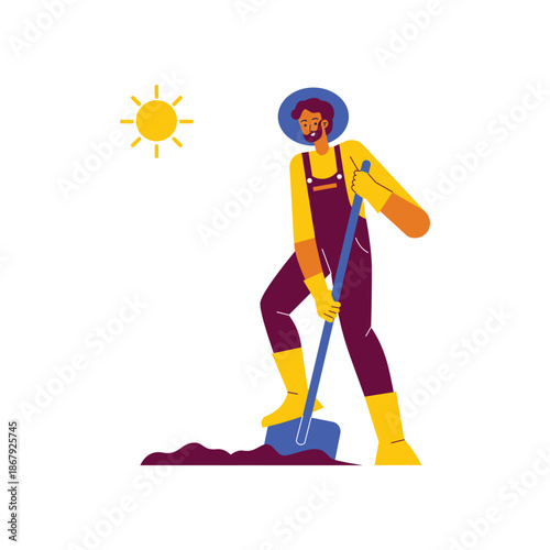 Farmer Digging Earth with Shovel in Overalls and Boots.