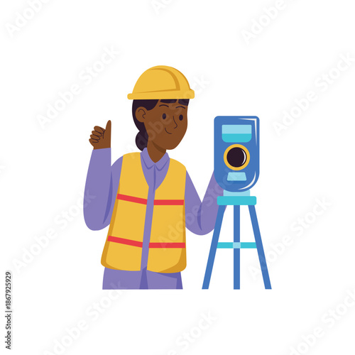 Female Surveyor Giving Thumbs Up Using Theodolite Equipment.