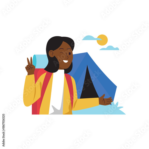 Happy Black Woman Camper Making Peace Sign Near Tent.